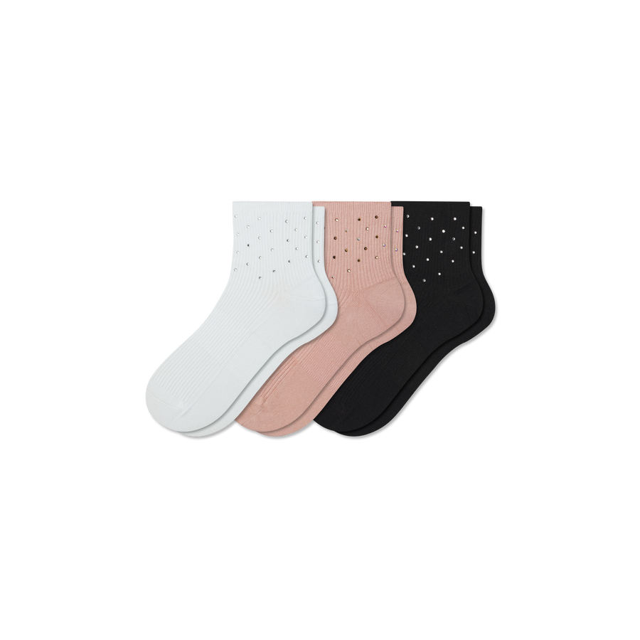 Women’s Rhinestone Rib Quarter Sock 3-Pack - Everyday No Show Wear