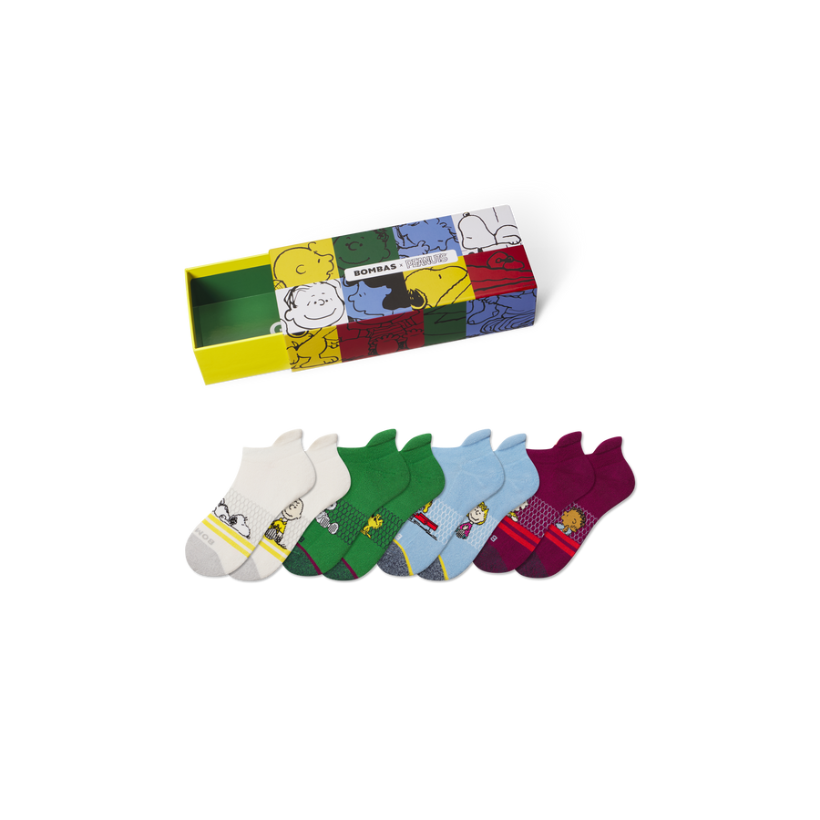 Peanuts x Bombas: Youth Ankle Sock 4-Pack Gift Box - Clean Travel Wrap