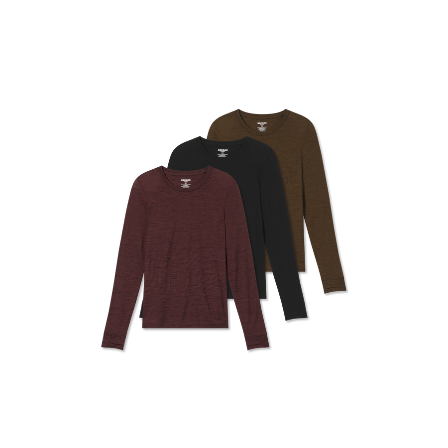 Women's Merino Wool Blend Crew Neck Long Sleeve T-Shirt 3-Pack - Dynamic Stride Control
