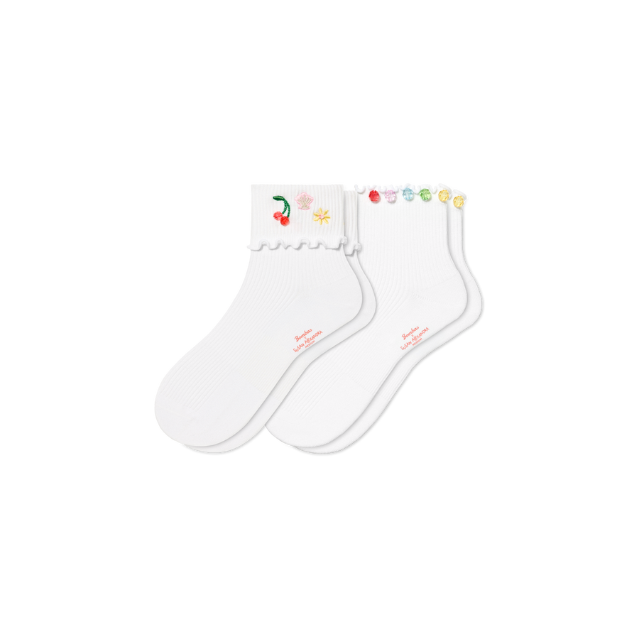 Bombas x Susan Alexandra Embellished Ruffle Rib Quarter Sock 2-Pack - Smooth Ankle Step